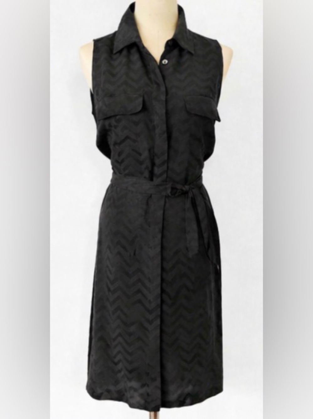 🆕 [Equipment Femme] Black Silk Chevron Shirt Dress Belted Sleeveless Sz: SP